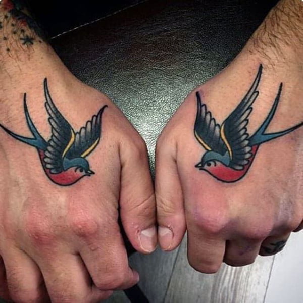 Colorful Twin Swallows Cool Hand Tattoos
