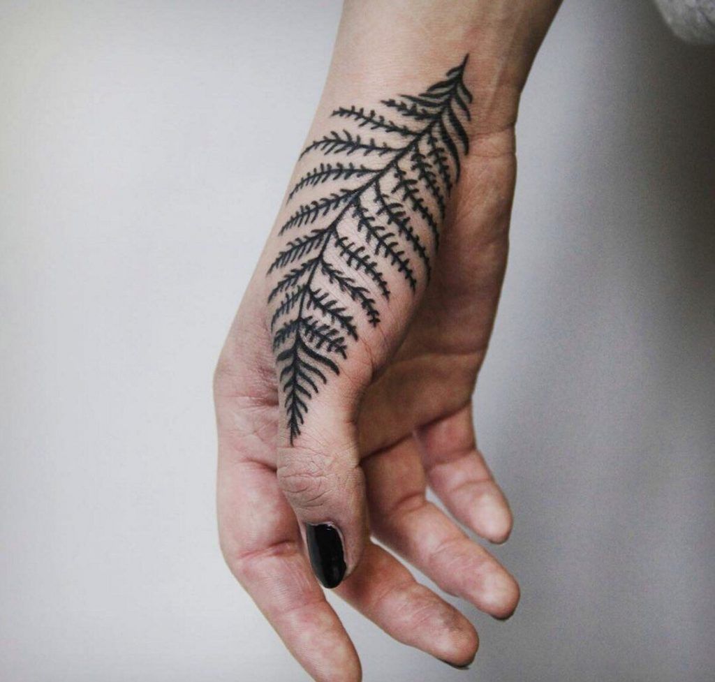 Dark Black Vine and Leaf Hand Tattoos