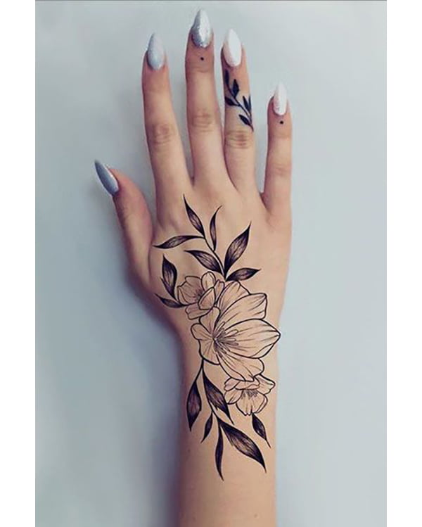 Simple Flower and Leaves Hand Tattoos