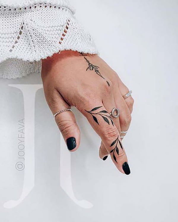 Wrap-Around Black Leaf Finger Hand Tattoos for Men, hand tattoo ideas