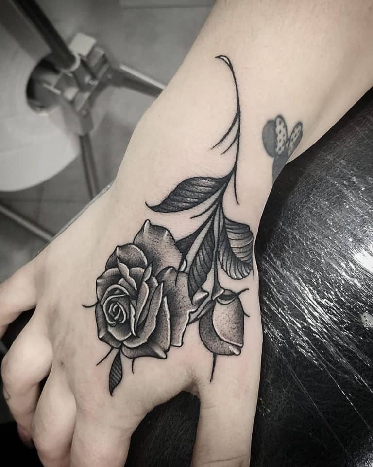 Beautiful Black and White Rose Hand Tattoos for Men