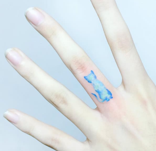 Cute Blue Cat Finger Tattoo