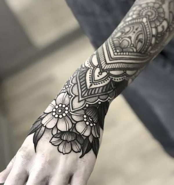 Elegant Black and White Henna Flower Hand Tattoos