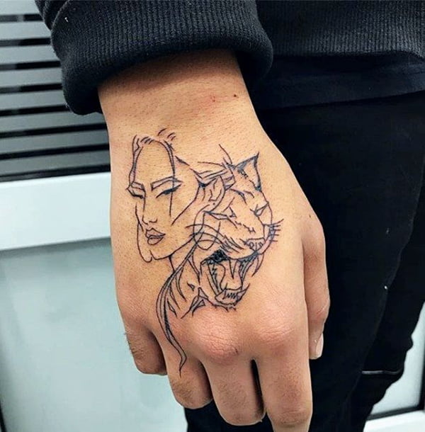 Single Line Lady and Tiger Hand Tattoos for Men