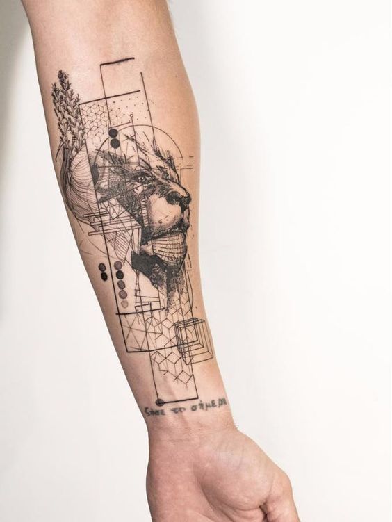 Lion King Tattoo, Intricate Architectural Lion Tattoo in Grayscale