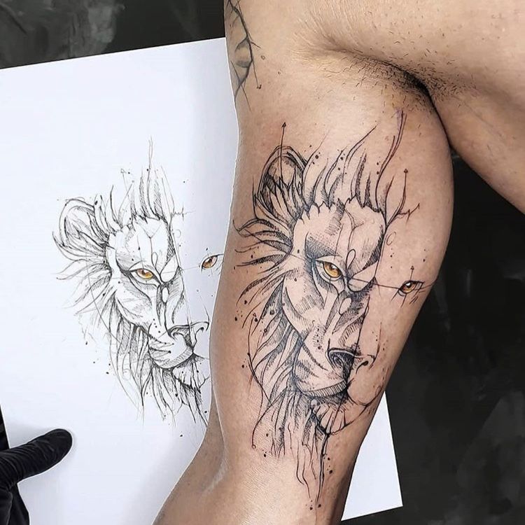 Half Lion Face Half Lioness Face Tattoo