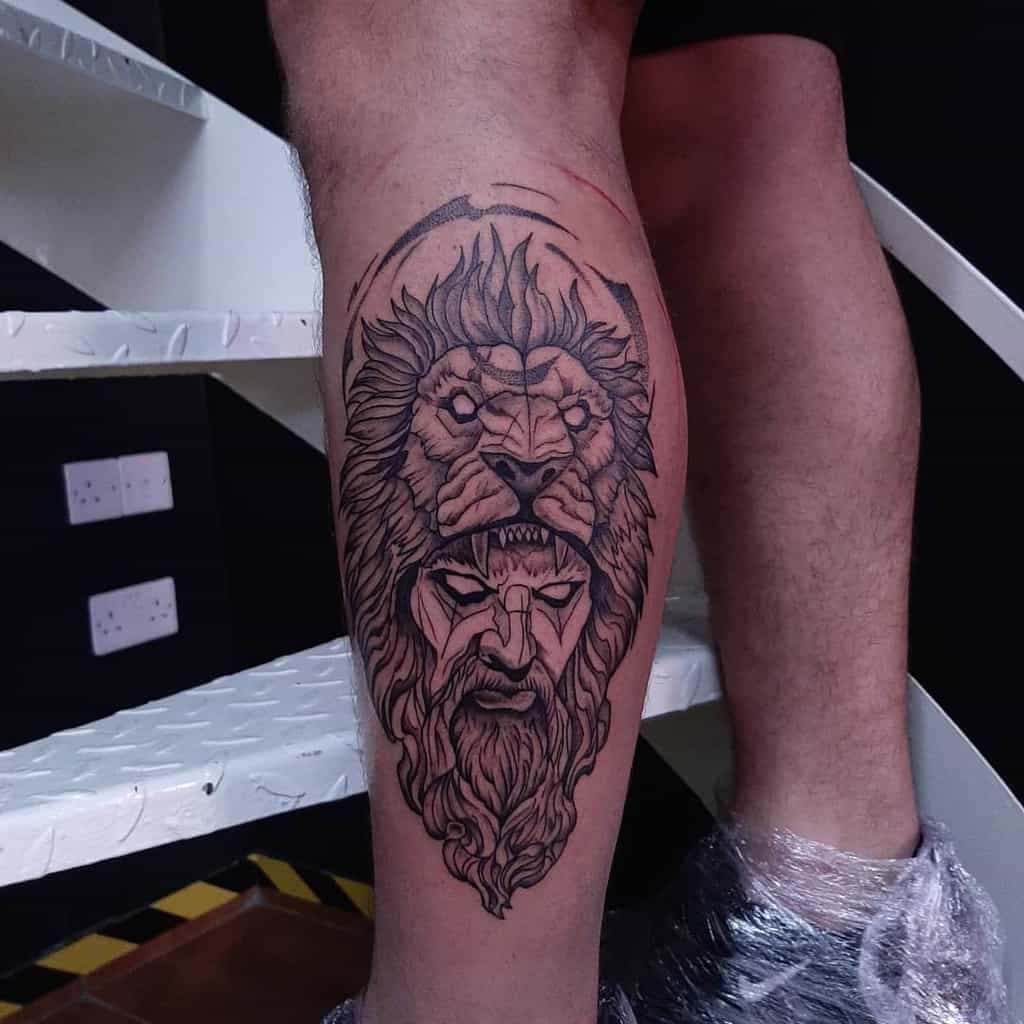 Warrior with Lion Headdress Tattoo on Leg