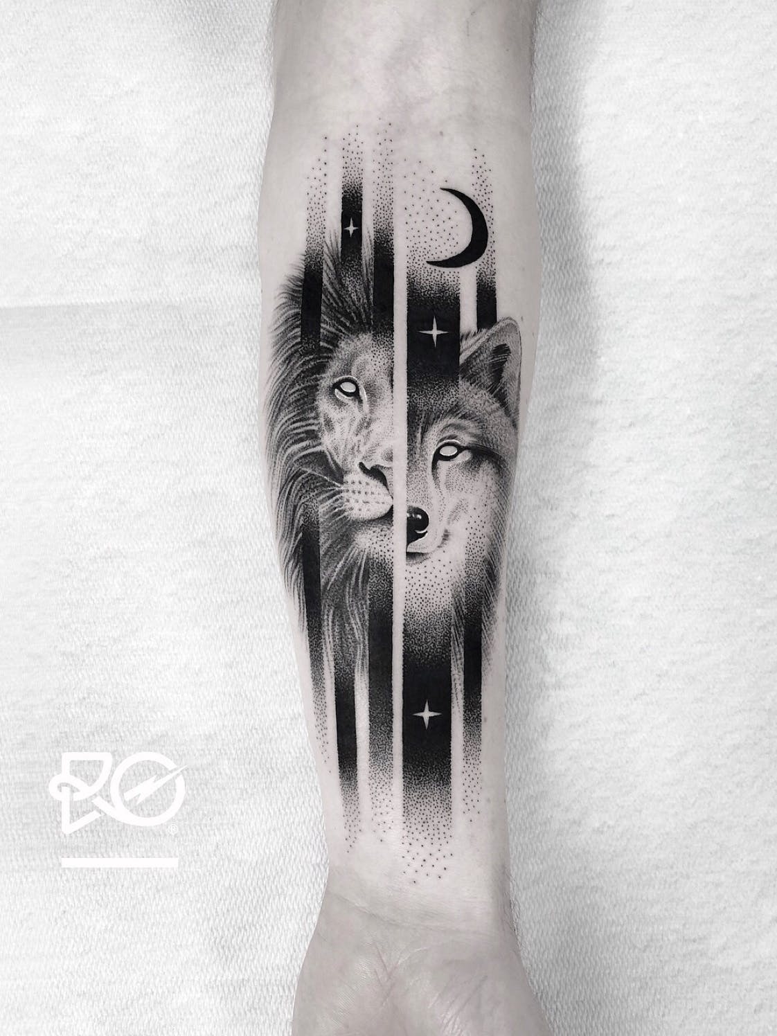 Half Lion Half Wolf at Night Tattoo