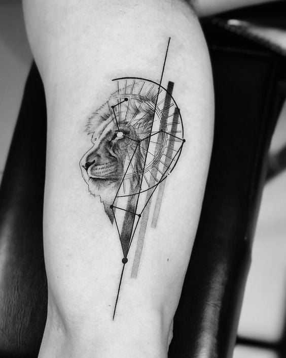 Lion Tattoo Ideas: Grayscale Lion Head Tattoo with Zodiac Elements