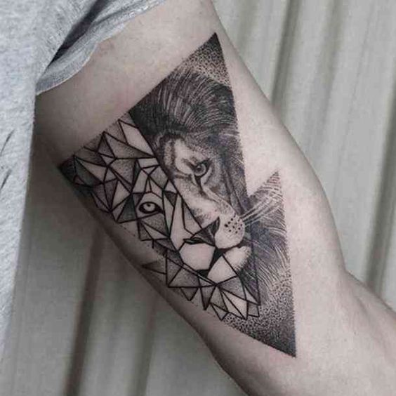 Half Geometric Half Realistic Lion Tattoo