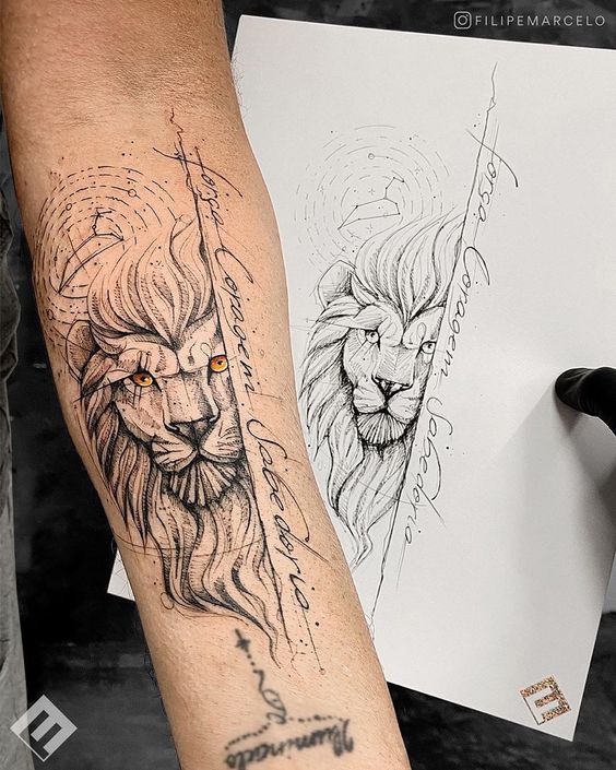 Lion King Tattoo, Yellow-Eyed Lion Face Tattoo with Script