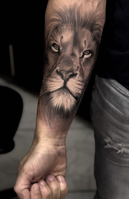 Wise Lion Face Realism Tattoo in Grayscale
