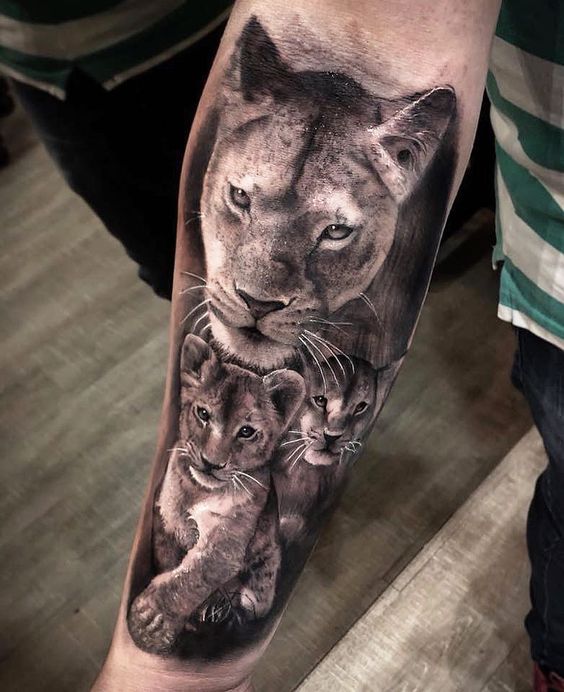 Lion Tattoo Ideas: Realistic Lioness with Two Cubs Tattoo