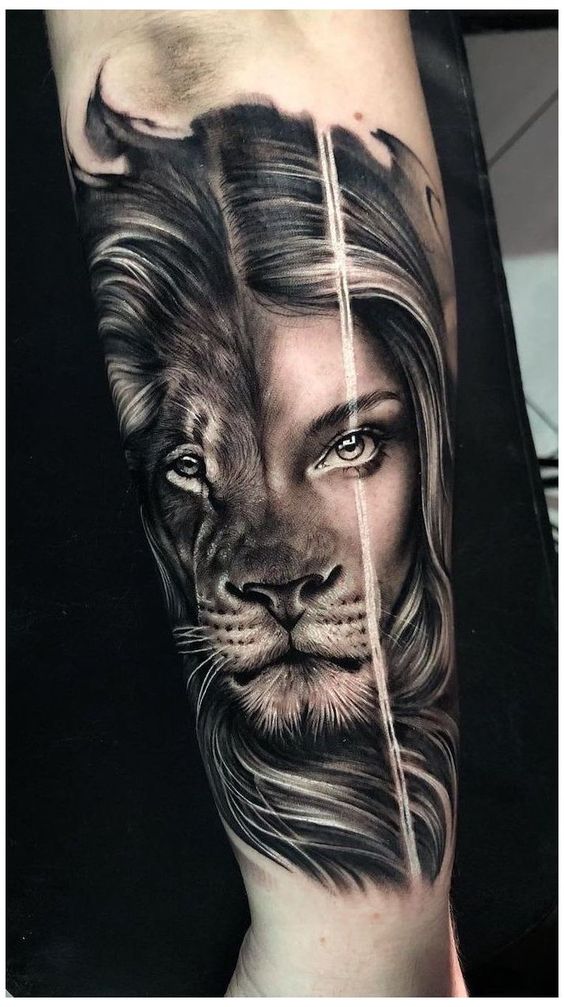 Half Lion Face Half Woman Face Tattoo