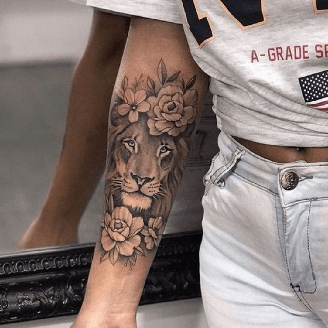 Grayscale Lion Head with Flowers Tattoo