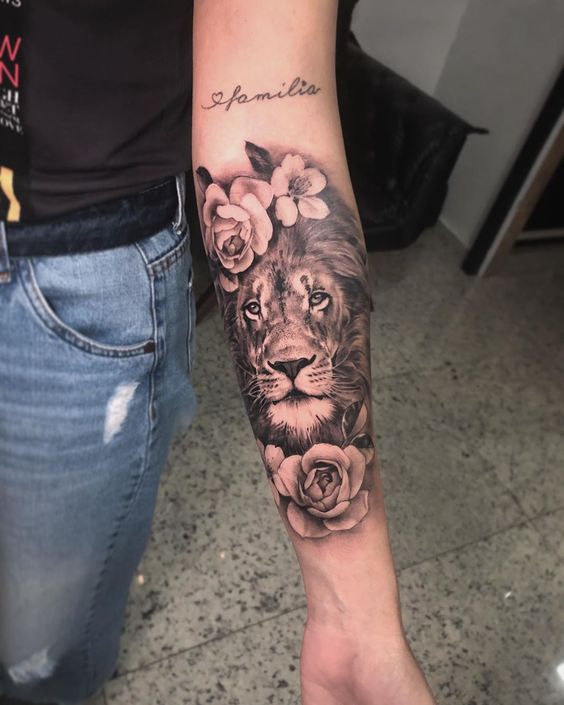 Lion and Flowers Tattoo with Familia Script