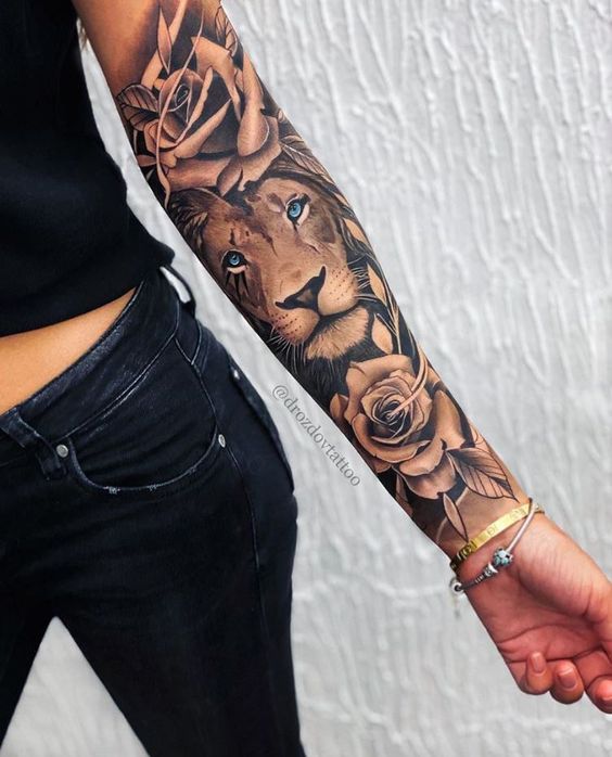 Lion Sleeve Tattoo, Blue Eyed Lion with Roses Arm Tattoo