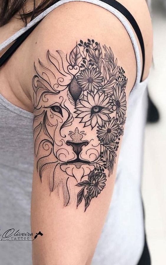 Abstract Art Lion Tattoo with Flowers
