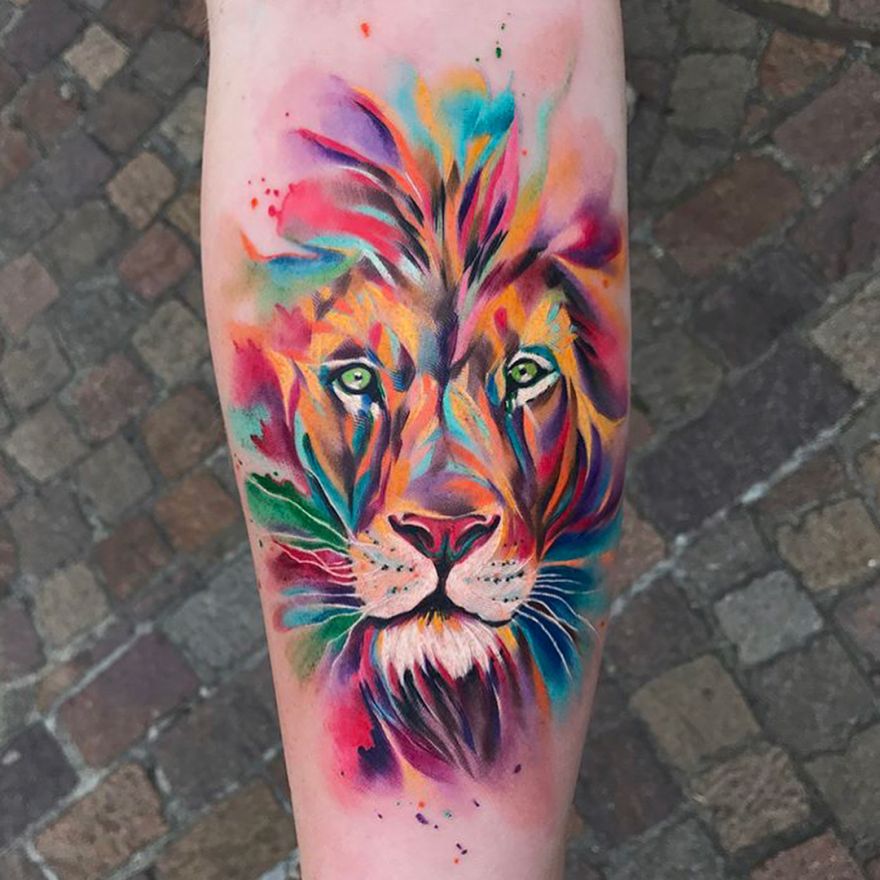 Brightly Colored Watercolor Style Lion Tattoo