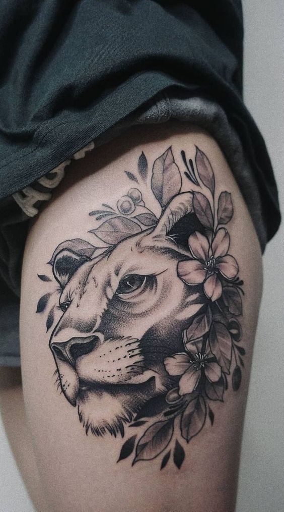 Female Lion Tattoo, Lioness Head with Flowers Tattoo in Grayscale