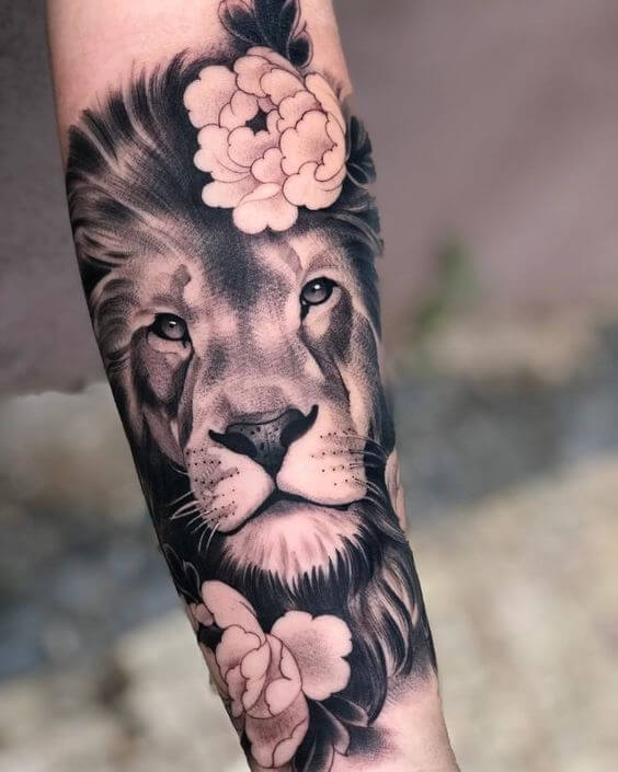 Small Lion Tattoo, Black and White Lion Tattoo with Flowers