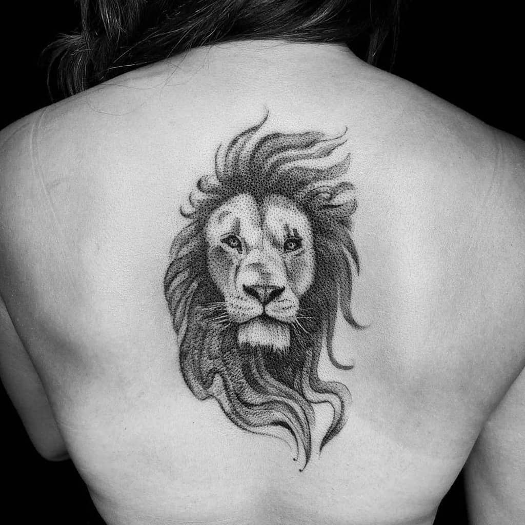 Small Lion Tattoo, Lion Chest Tattoo, Dotwork Lion Head Tattoo on Back