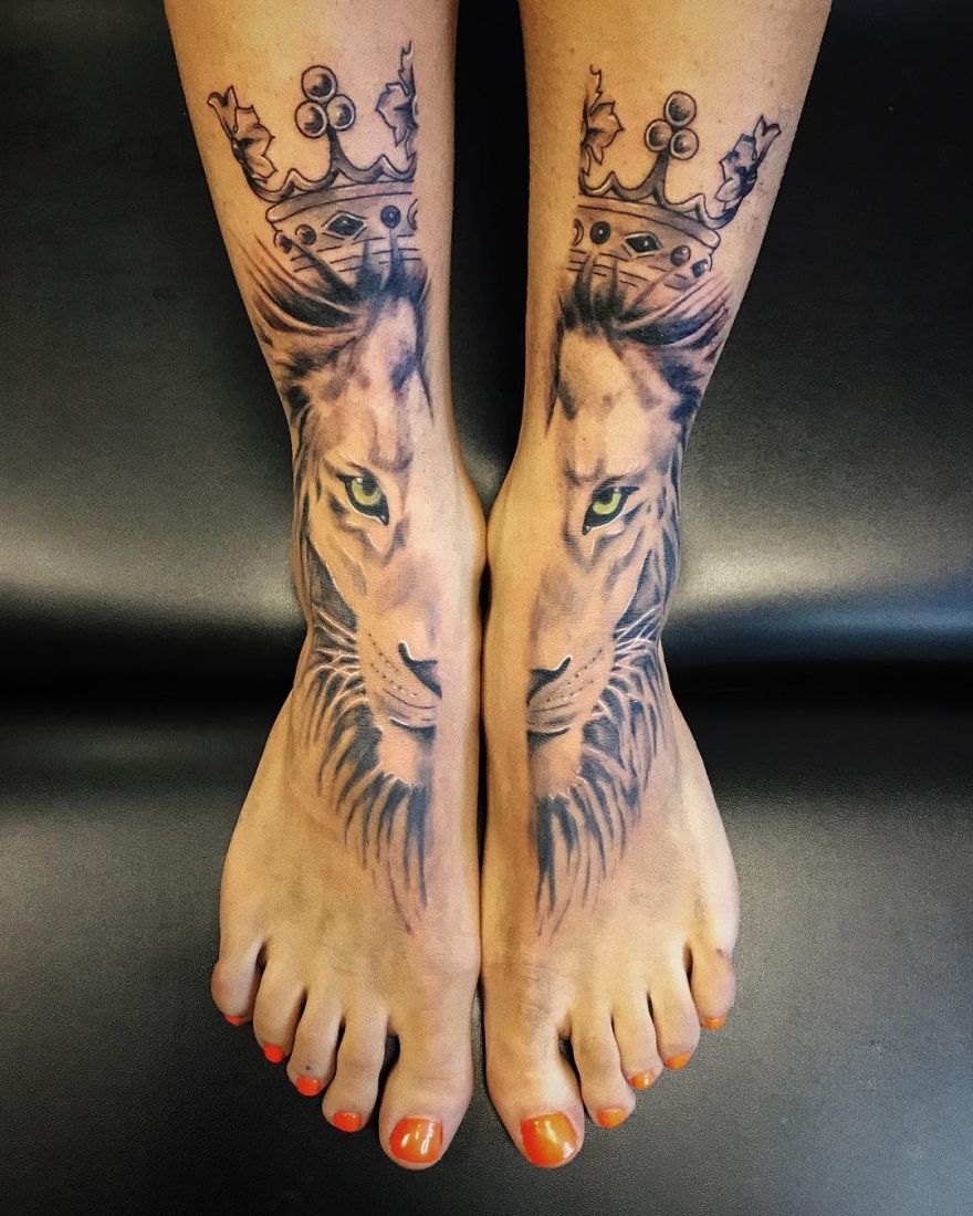 Matching Crowned Lion Tattoos on Feet