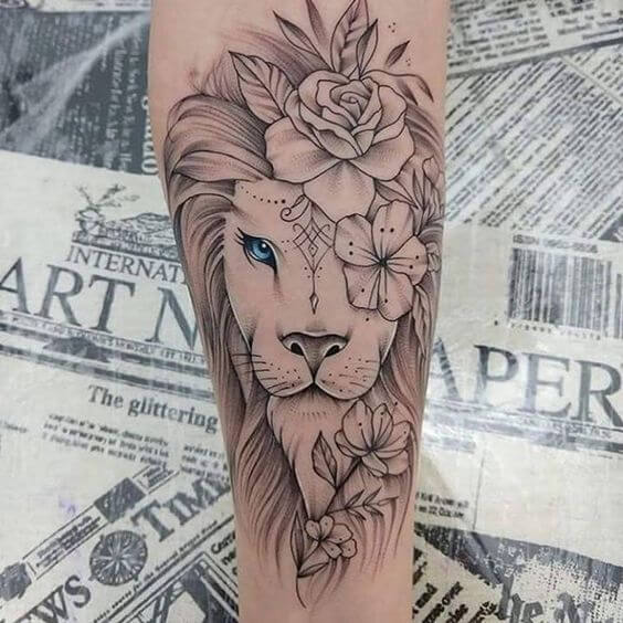Grayscale Lion Tattoo with Blue Eye