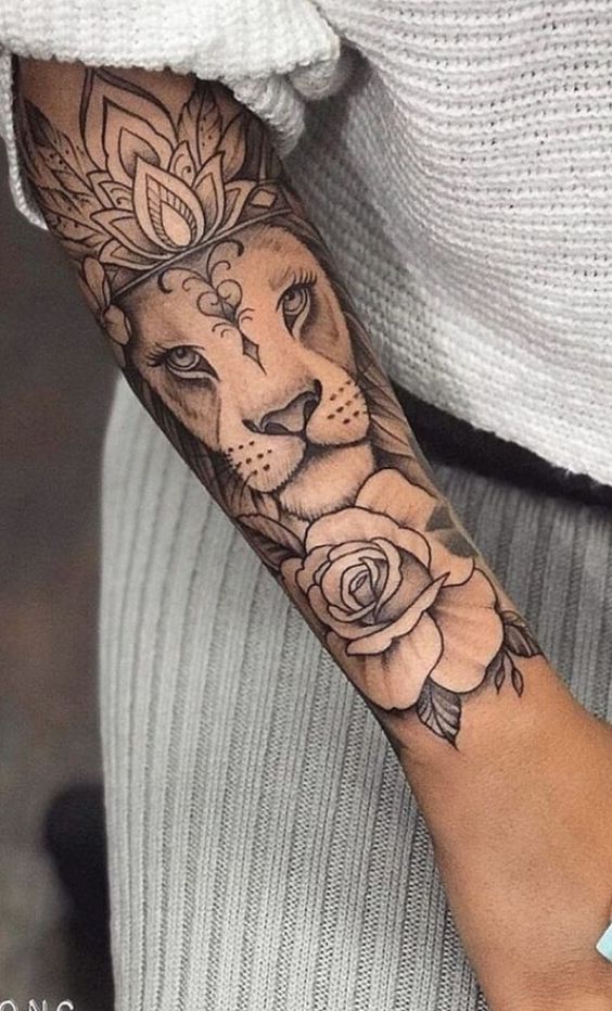 Lion Skull Tattoo, Lion Tattoo with Crown and Rose