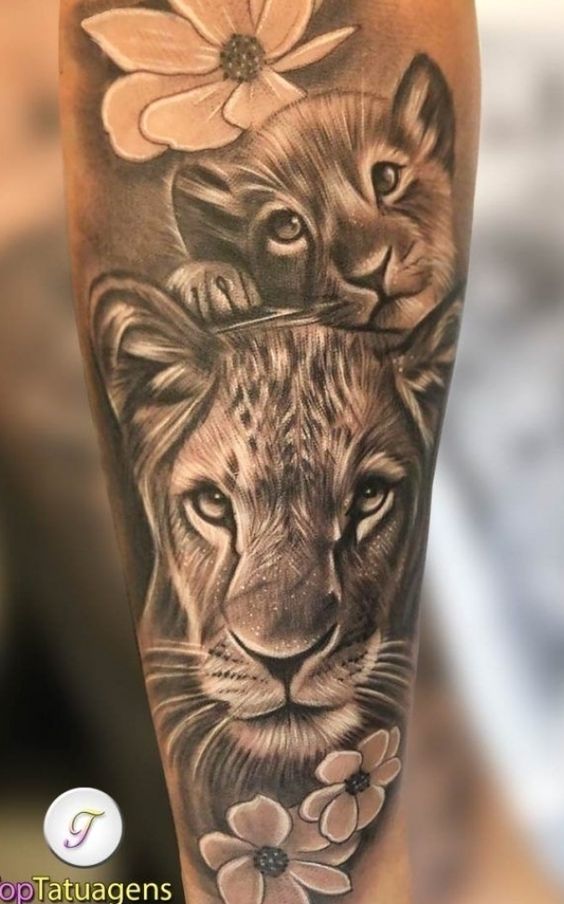 Tribal Lion Tattoo: Mother and Baby Lion Tattoo in Grayscale