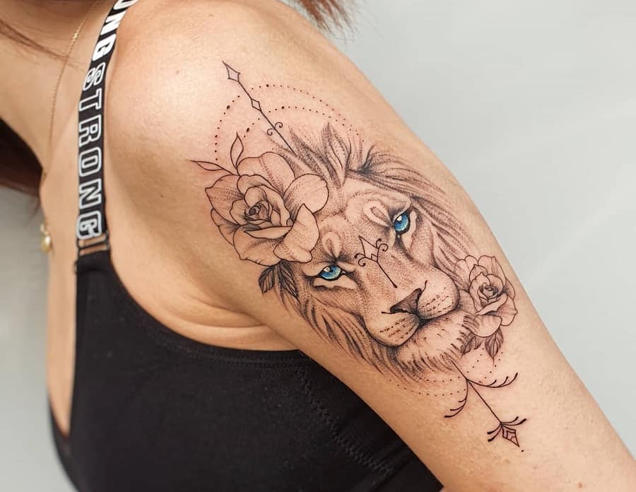 Tribal Lion Tattoo: Blue Eyed Lion Face with Rose Tattoo
