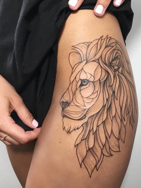 Geometric Side Facing Lion Tattoo on Hip