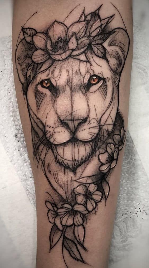 Lion Crown Tattoo, Lioness with Crown of Flowers Tattoo