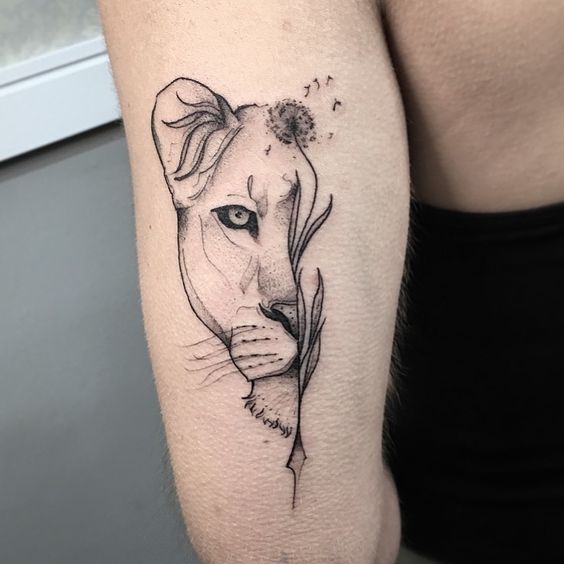 Lion Skull Tattoo, Half Lioness Face with Dandelion Tattoo