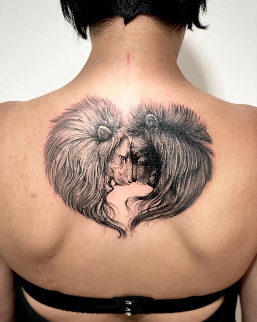 Two Lions Heads Forming Heart Tattoo