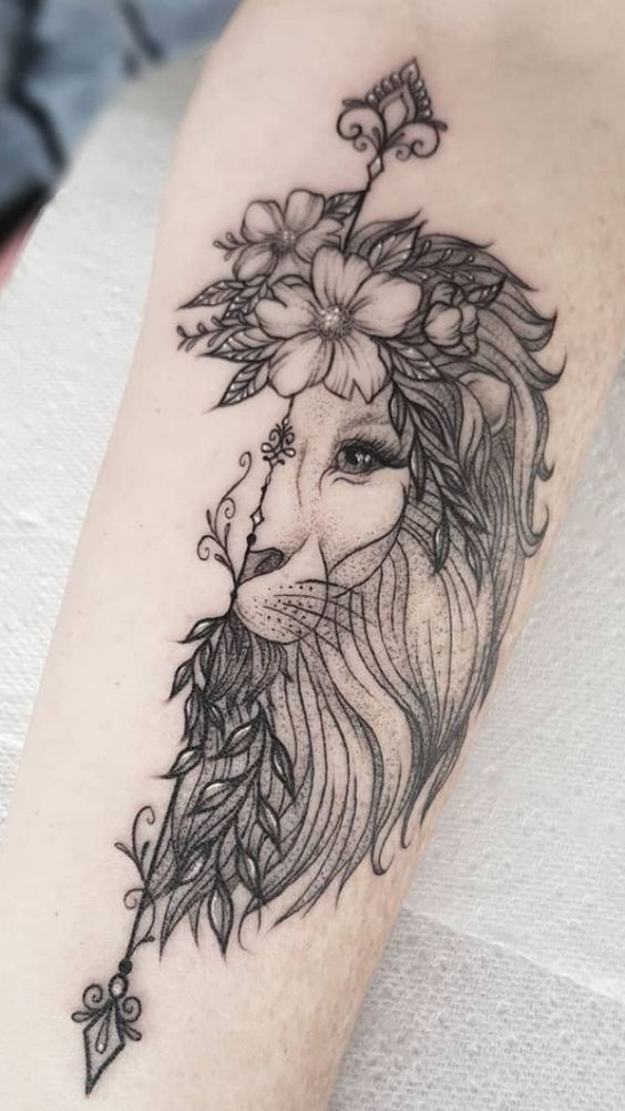Half Lion Face Tattoo with Flowers