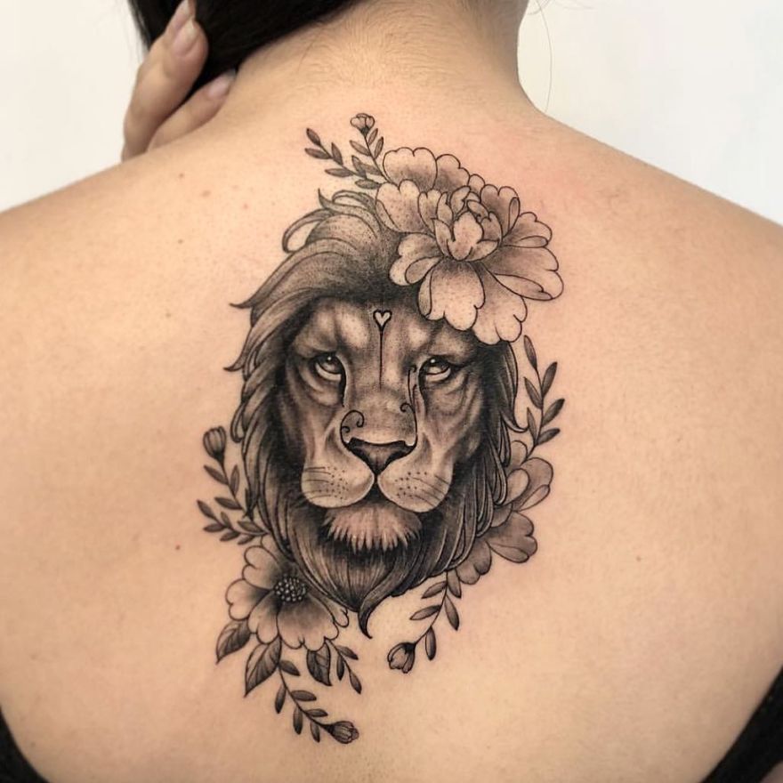 Realistic Lion Head Tattoo on Back, Lion Chest Tattoo