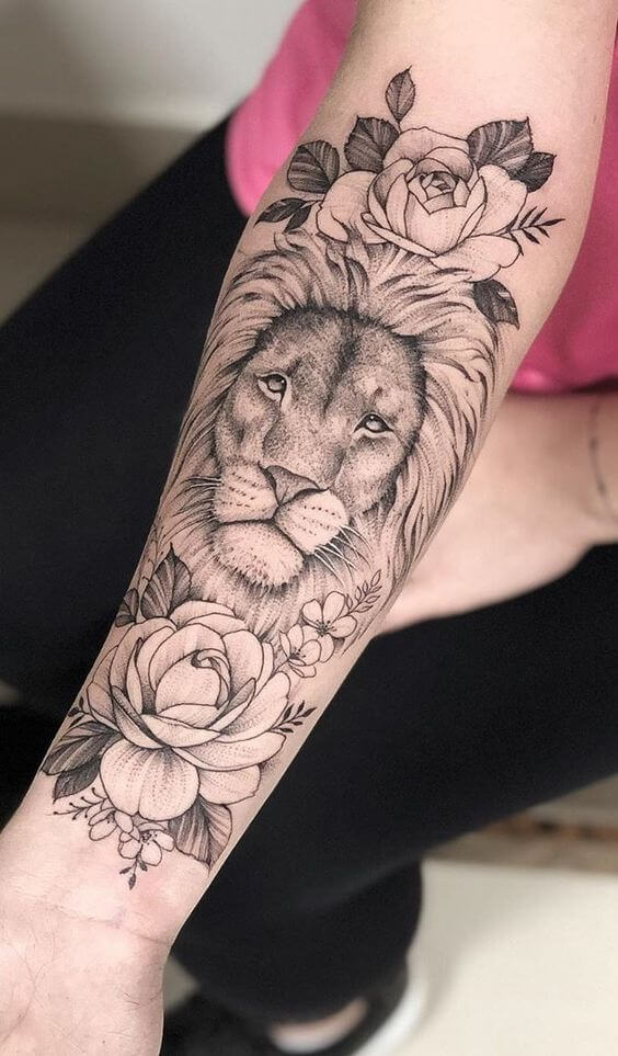 Lion Face and Roses Lion Forearm Tattoo