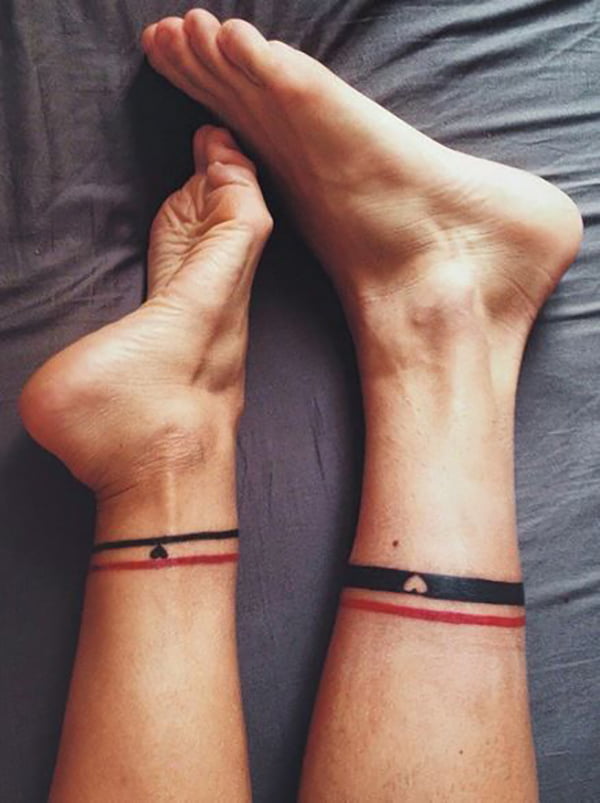 Matching Black and Red Lines ankle tattoo designs for Various Skin Tones