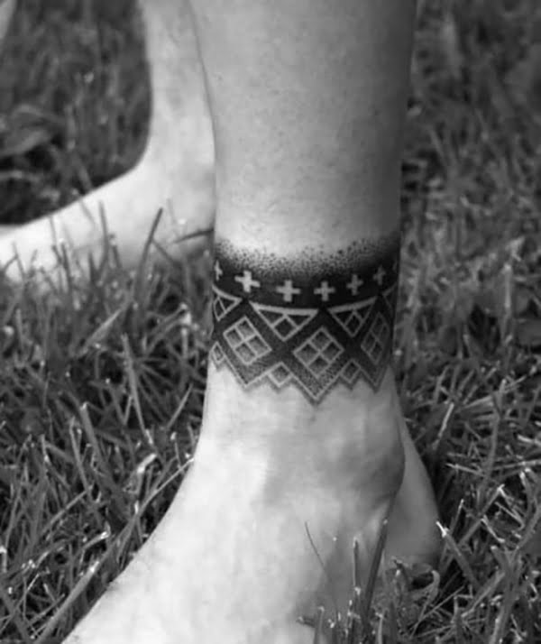 Band of Diamonds and Crosses ankle tattoos