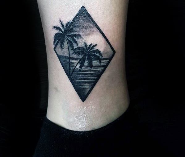 Palm Trees and Ocean in a Diamond ankle tattoos