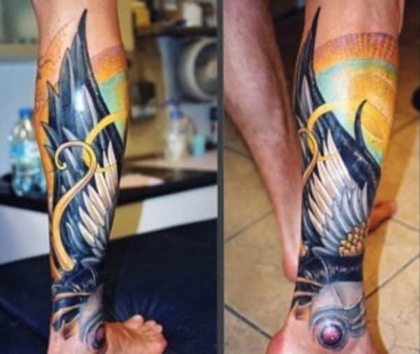 Colorful Intricate Wing on Ankle Tattoos for Women