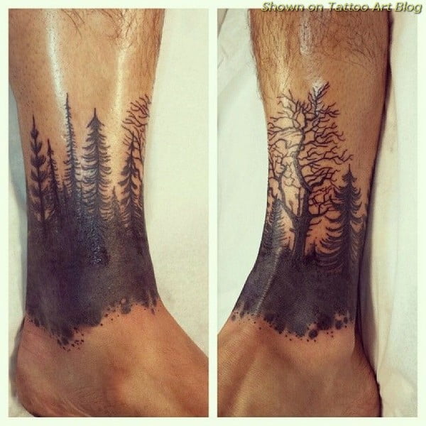 Pine Forest and Leafless Tree ankle tattoos