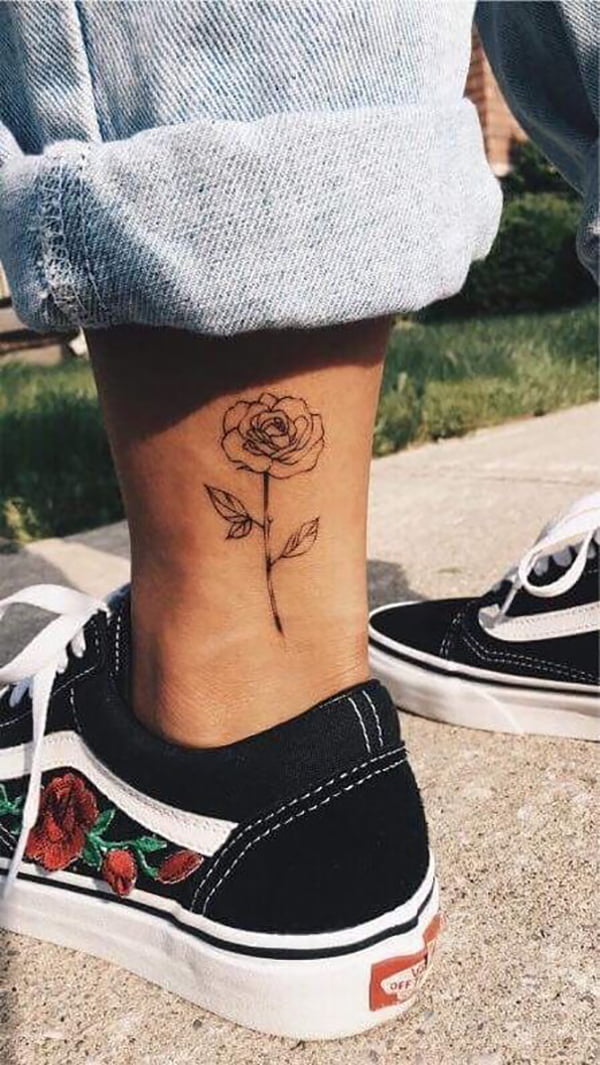 Single Delicate Rose Stem on Back of Ankle, cute ankle tattoo