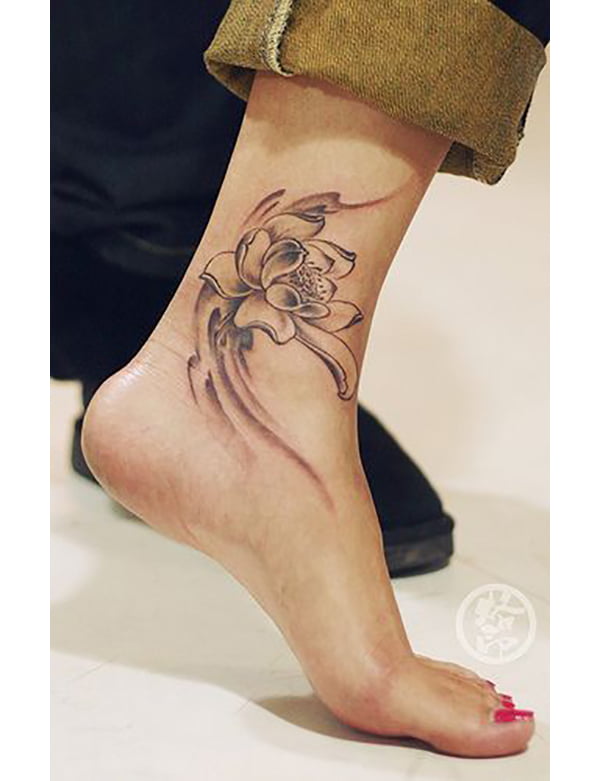 Blooming Lotus Flower and Lines Ankle Tattoos