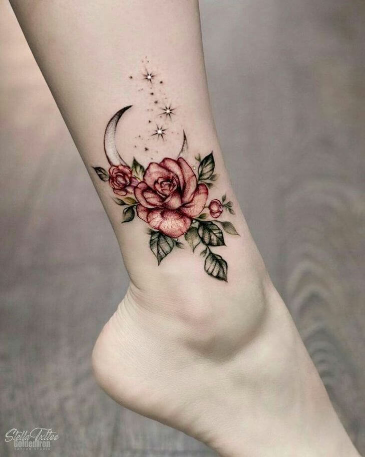 Roses with a Moon and Stars Ankle Tattoos