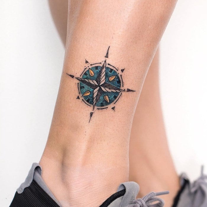 Colorful Compass Rose on Ankle Tattoo