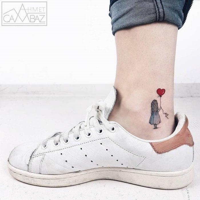 Little Girl Holding a Balloon Ankle Tattoos