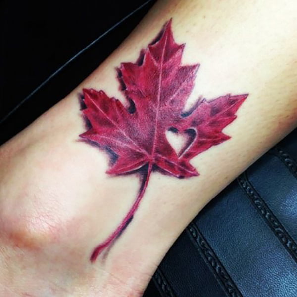 Red Maple Leaf with Heart Cut-out Ankle Tattoo