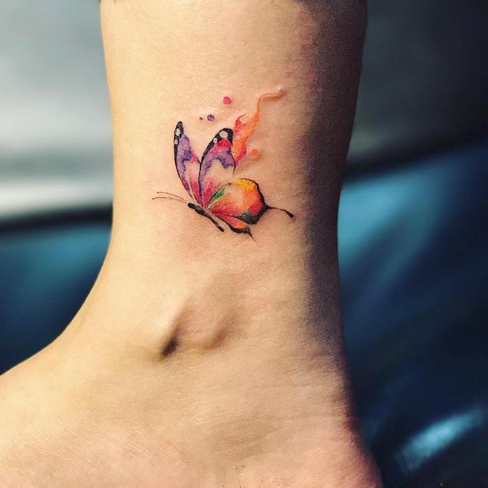 Small Butterfly Ankle Tattoos with Splashes of Color